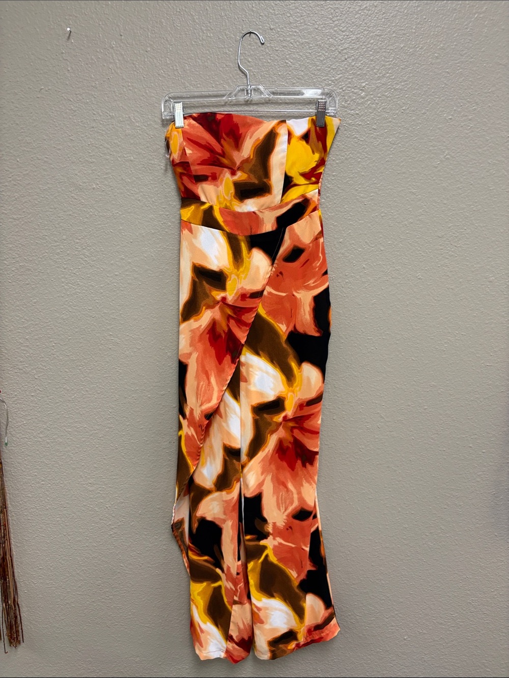 Strapless Floral Palazzo Jumpsuit - Orange, Yellow & Black